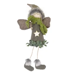 ORN FABRIC ANGEL 7″ BROWN W/ FAUX FUR HAT & GREEN SCARF