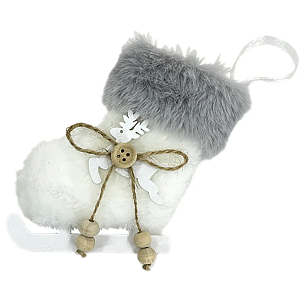 ORN FABRIC BOOT FAUX FUR WHITE 4″ W/ REINDEER