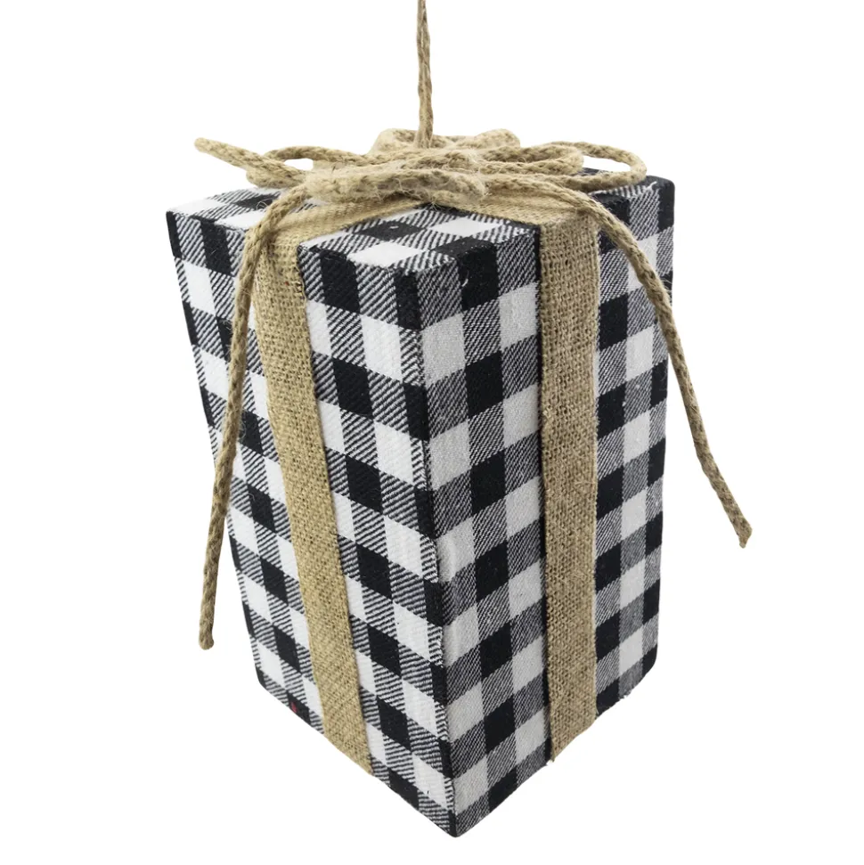 ORN FABRIC GIFT BOX 8″ BLACK/ WHITE PLAID W/ROPE BOW