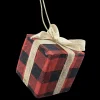 ORN FABRIC GIFT BOX 3″ RED/ BLACK BUFFALO PLAID W BOW