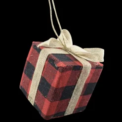 ORN FABRIC GIFT BOX 3″ RED/ BLACK BUFFALO PLAID W BOW