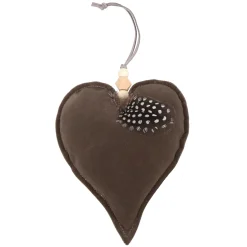 ORN FABRIC HEART 6″ BROWN W/ FEATHER