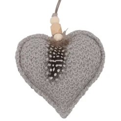 ORN FABRIC HEART 4.5″ GRAY W/ FEATHER