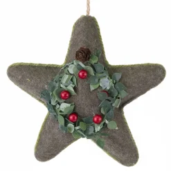ORN FABRIC STAR 6.75″ FELT MOSSY GREEN FELT W/ WREATH