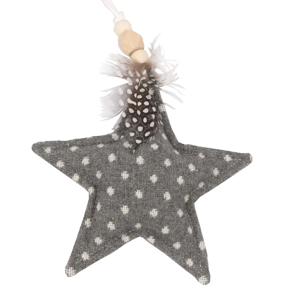 ORN FABRIC STAR 6″ GRAY POLKA DOT W/ FEATHER