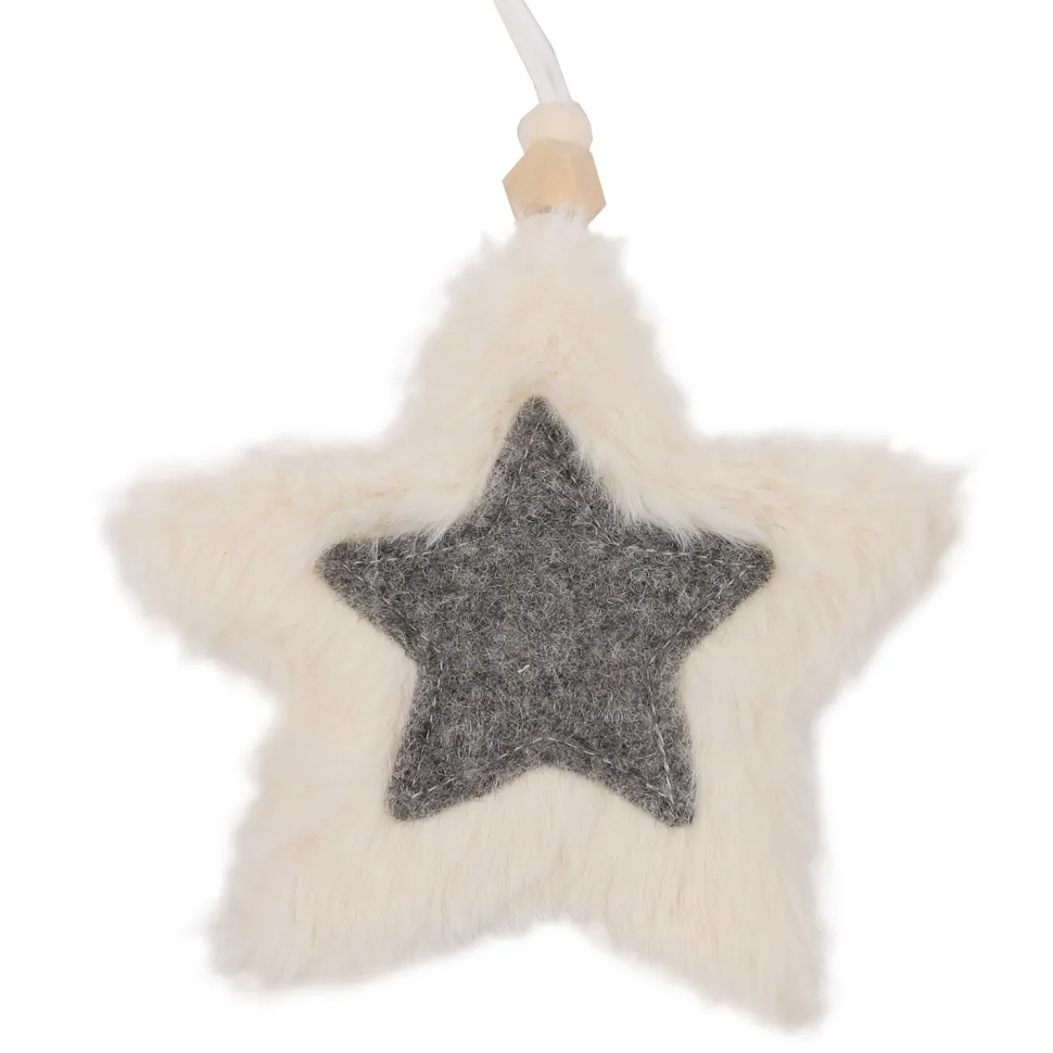 ORN FABRIC STAR 5″ IVORY FUR W/ GRAY STAR