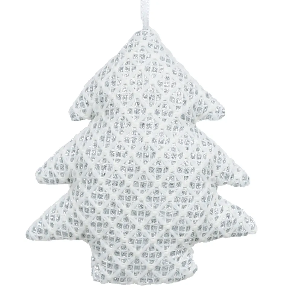 ORN FABRIC TREE 4″ WHITE/SILVER