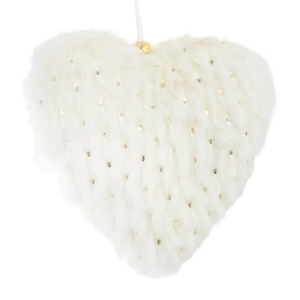 ORN FUR HEART 4″ IVORY/GOLD