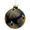 ORN GLASS BALL 3″ BLACK MATTE W/ FEATHER PATTERN GLITTER & JEWELS