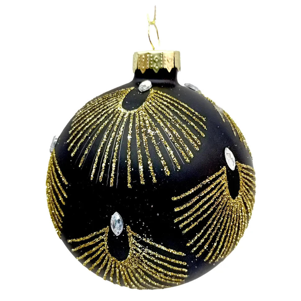 ORN GLASS BALL 3″ BLACK MATTE W/ FEATHER PATTERN GLITTER & JEWELS