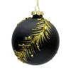 ORN GLASS BALL 4″ BLACK MATT LEAFW/ GOLD GLITTER