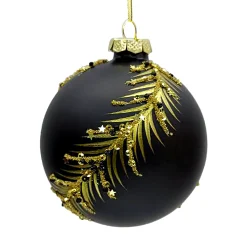 ORN GLASS BALL 4″ BLACK MATT LEAFW/ GOLD GLITTER