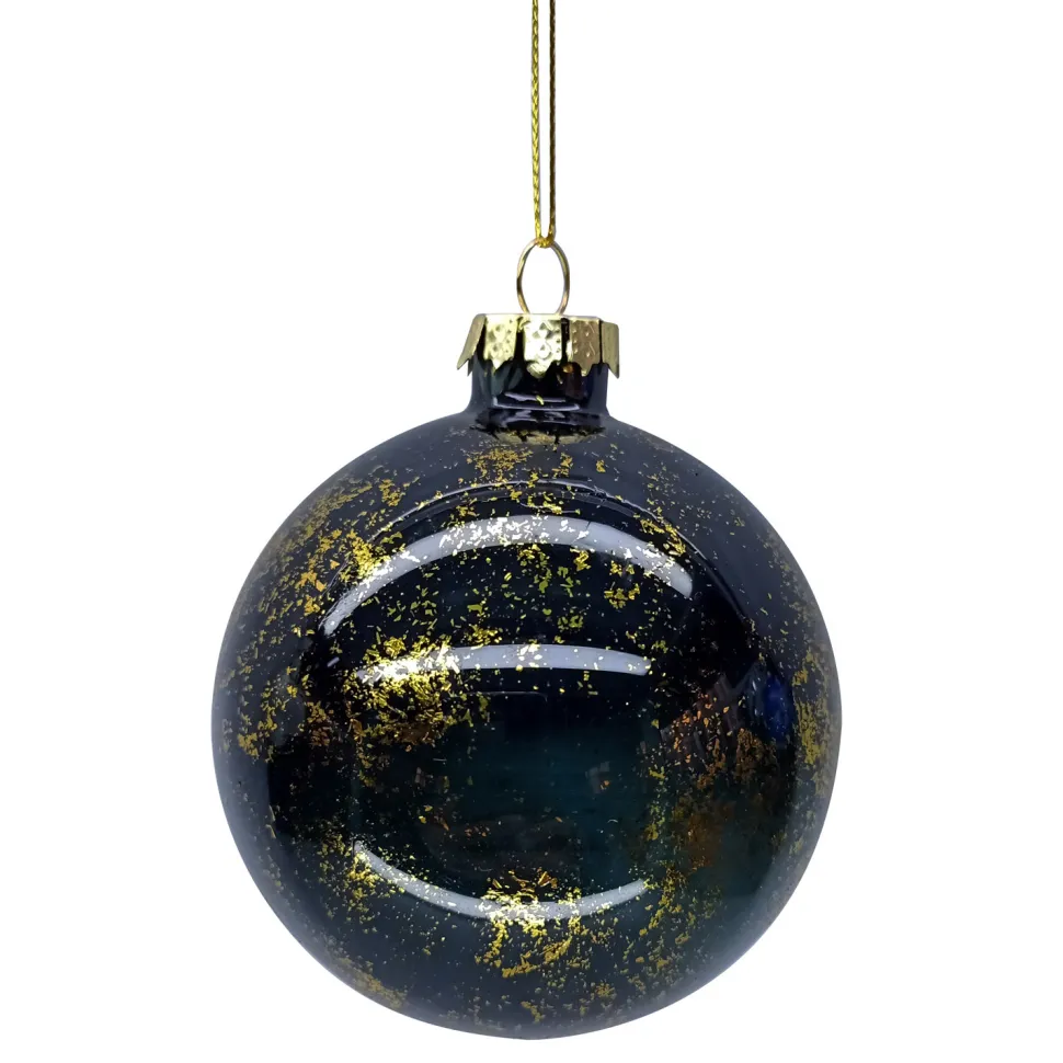 ORN GLASS BALL 3″ BLACK SHINY W/ GOLD SPRINKLE