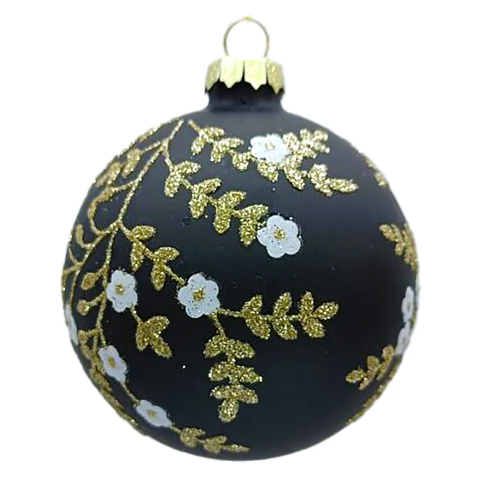 ORN GLASS BALL 3″ BLACK SHINY FLORAL W/ CHAMPAGNE GLITTER