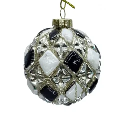 ORN GLASS BALL 3″ BLACK/ WHITE W/CHAMP. DIAMONG GLITTER