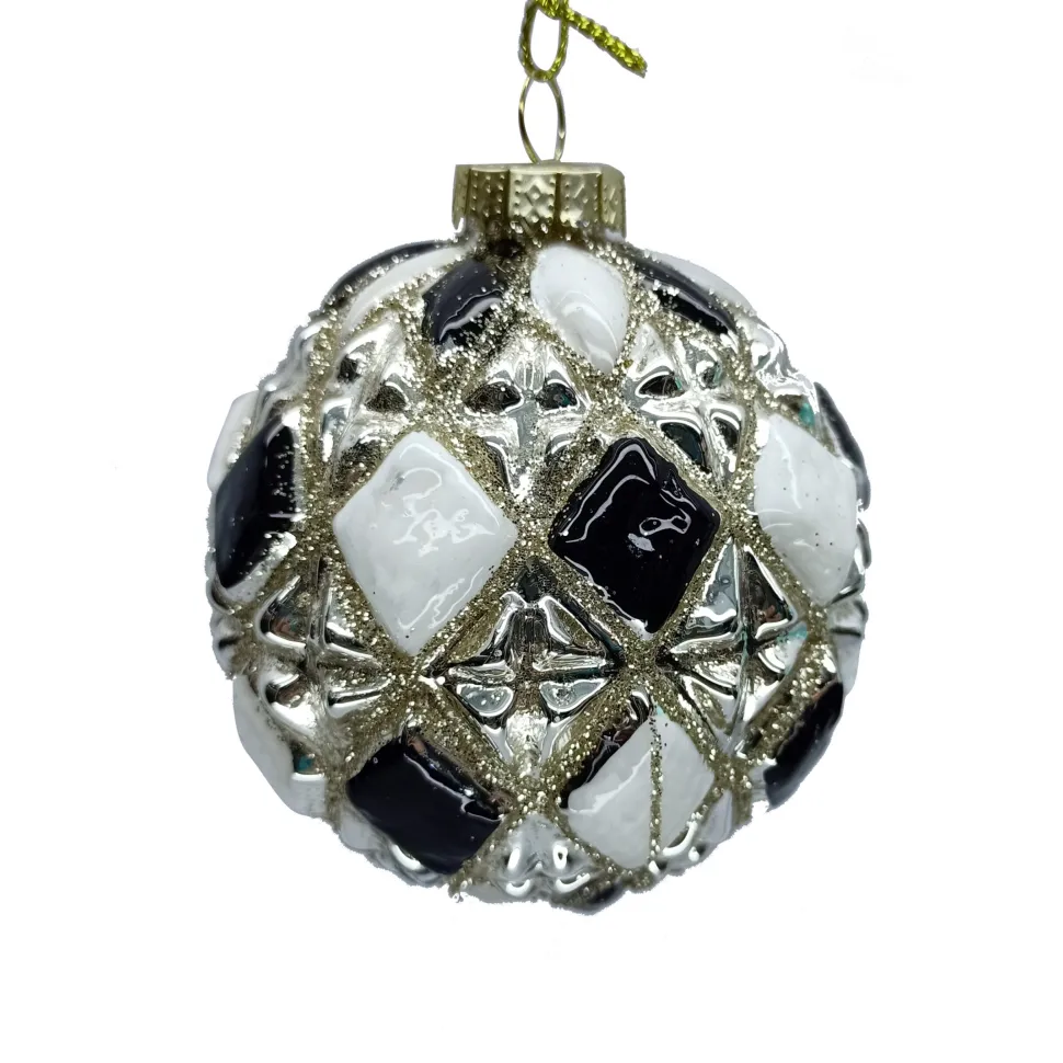 ORN GLASS BALL 3″ BLACK/ WHITE W/CHAMP. DIAMONG GLITTER