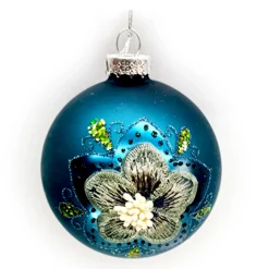 ORN GLASS BALL 3″ BLUE FLORAL DECORATED GLITTER | SEQUINS | BEADS