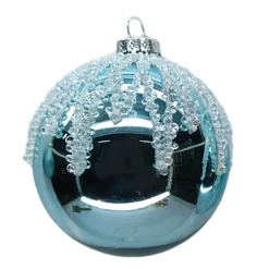 ORN GLASS BALL 3″ BLUE ICE SHINY W/ ICE GLITTER