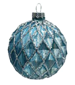 ORN GLASS BALL 3″ BLUE MATT DIAMOND W/ CHAMPAGNE GLITTER