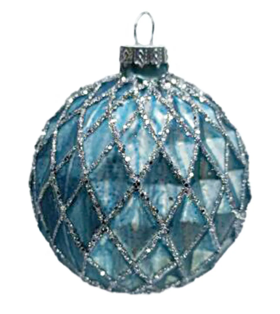 ORN GLASS BALL 3″ BLUE MATT DIAMOND W/ CHAMPAGNE GLITTER