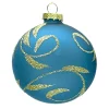 ORN GLASS BALL 3″ BLUE MATT LEAF W/ SILVER GLITTER