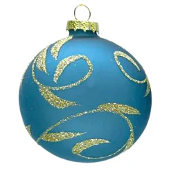 ORN GLASS BALL 3″ BLUE MATT LEAF W/ SILVER GLITTER