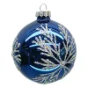 ORN GLASS BALL 3″ BLUE SHINY SNOWFLAKE W/ WHITE GLITTER