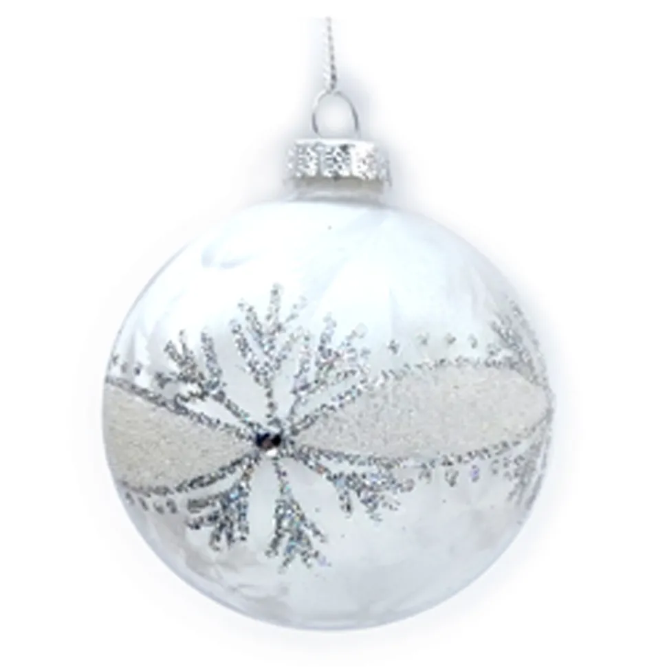 ORN GLASS BALL 3″ CLEAR- FROSTED W/ SILVER GLTR. SNOWFLAKE