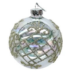 ORN GLASS BALL 3″ CLEAR IRRD. W/GLITTER CELTIC PATTERN