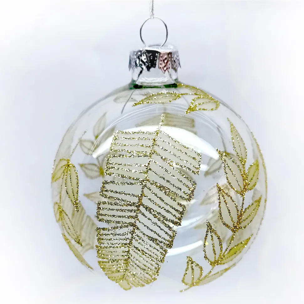 ORN GLASS BALL 3″ CLEAR W/ GOLD GLITTER LEAF PATTERN