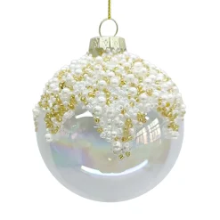 ORN GLASS BALL 3″ CLEAR/FROST PEARLS W/ CHAMPAGNE GLITTER