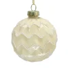ORN GLASS BALL 3″ CREAM PEARL ZIGZIG W/ GLITTER