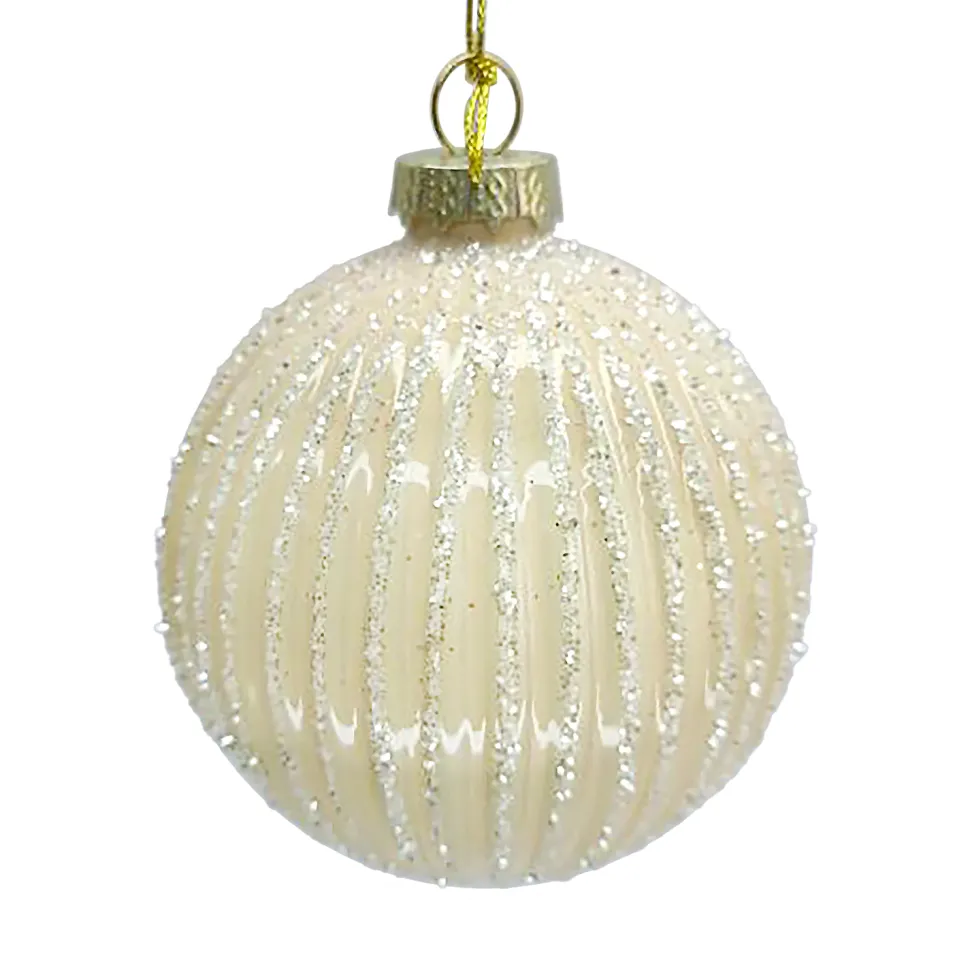 ORN GLASS BALL 3″ CREAM PEARL MELON W/ GLITTER