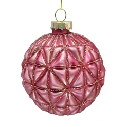 ORN GLASS BALL 3″ DARK MAUVE MATT FLORAL W/ GLITTER