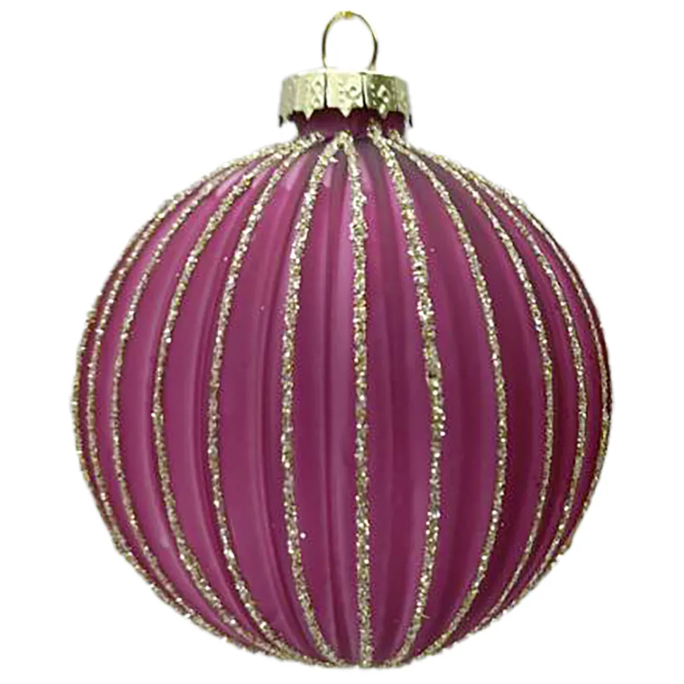 ORN GLASS BALL 3″ DARK MAUVE MELON W/ CHAMPAGNE GLITTER