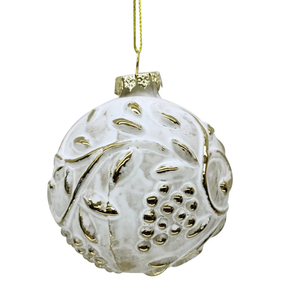 ORN GLASS BALL 3″ GOLD EMBOSED W/ WHITE WASED GOLD LVS