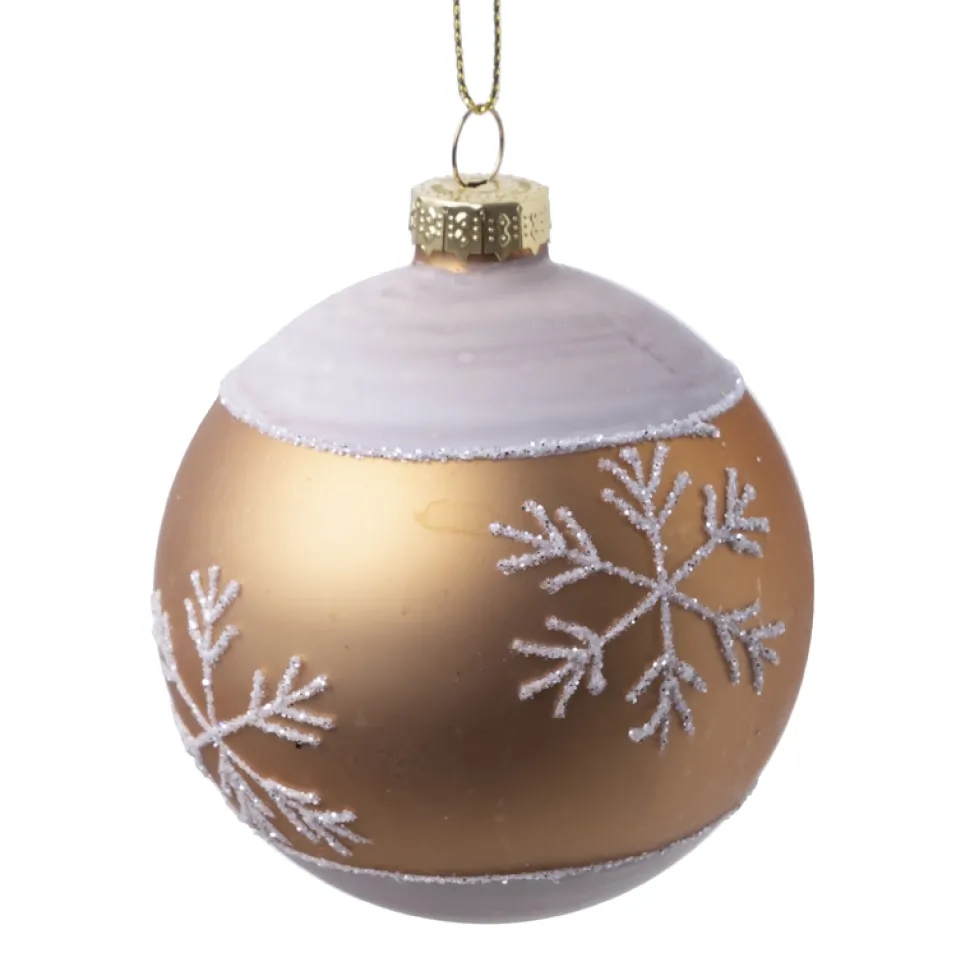 ORN GLASS BALL 3″ GOLD W/ WHITE SNOWFLAKE PATTERN