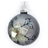 ORN GLASS BALL 3″ GRAY- PEWTER FLORAL EMBROIDERY , SEQUINS & BEADS