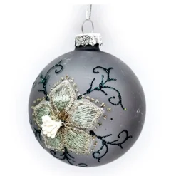 ORN GLASS BALL 3″ GRAY- PEWTER FLORAL EMBROIDERY , SEQUINS & BEADS