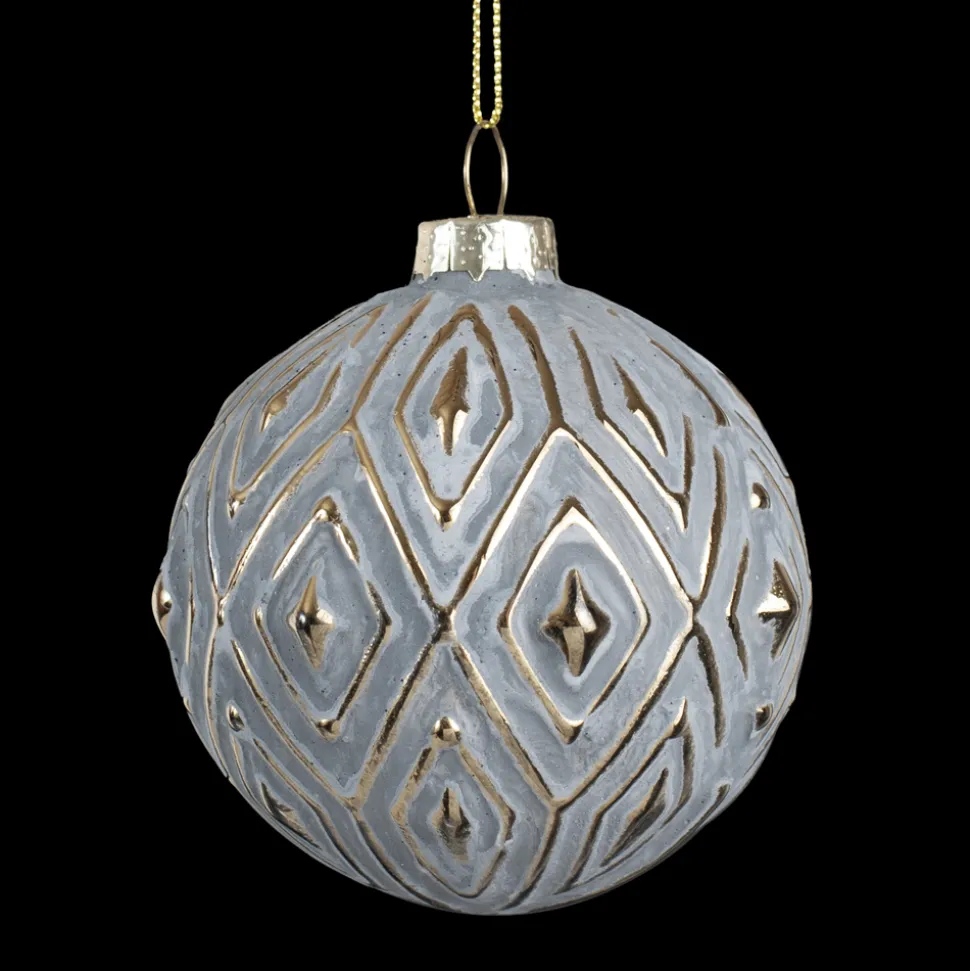 ORN GLASS BALL 3″ GRAY W/GOLD DIAMOND PATTERN