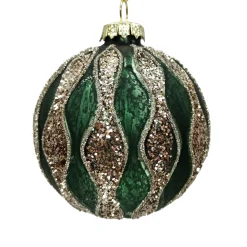 ORN GLASS BALL 3″ GREEN- DARK W/CHAMPANE WAVE STRIPES