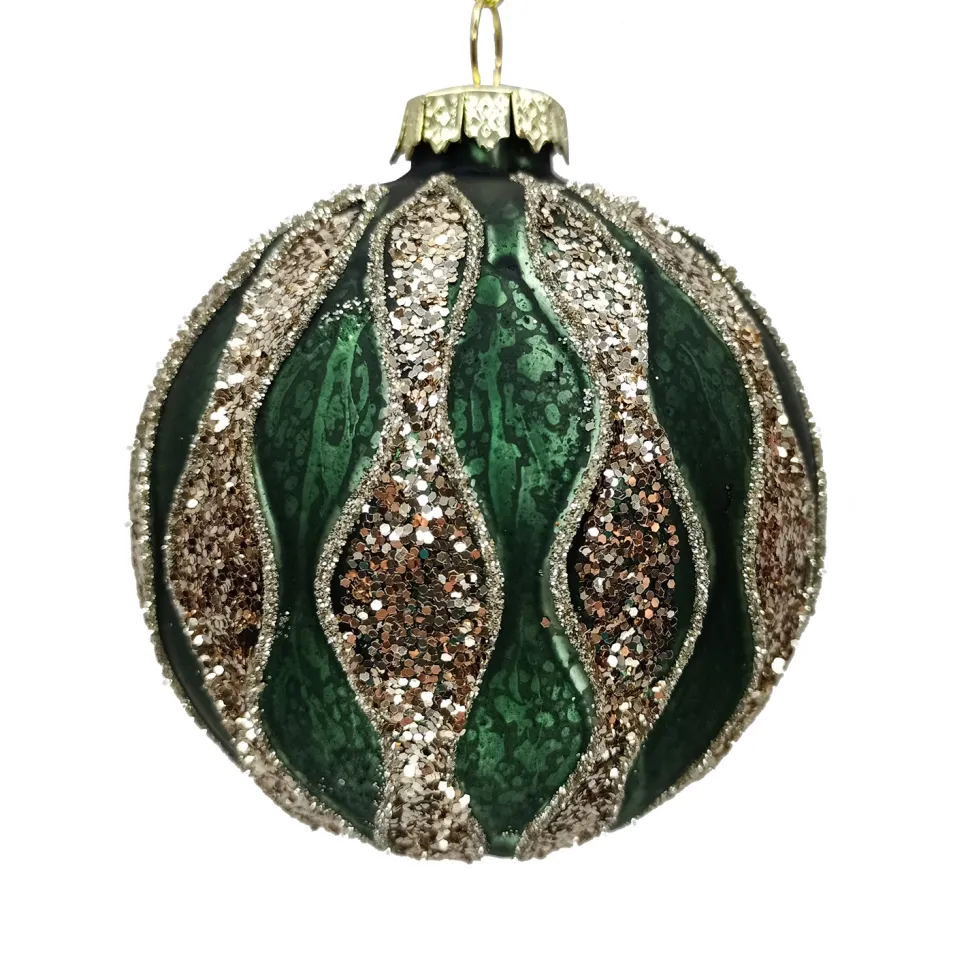 ORN GLASS BALL 3″ GREEN- DARK W/CHAMPANE WAVE STRIPES