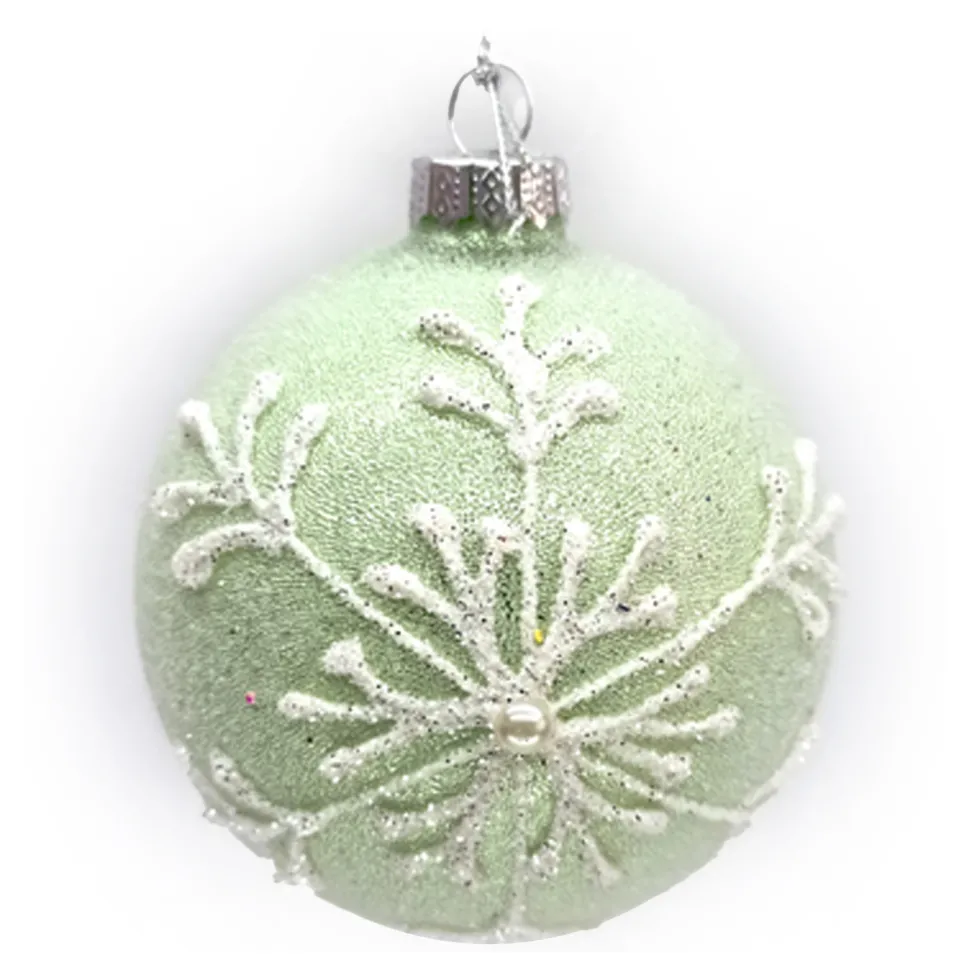 ORN GLASS BALL 3″ GREEN- MINT FROST GLITTER W/ WHITE SNOWFLAKE & PEARL