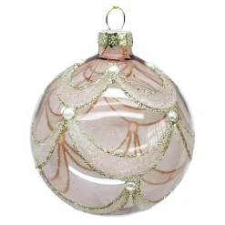 ORN GLASS BALL 3″ PINK- CLEAR W/ SCALLOP GLITTER PATTERN