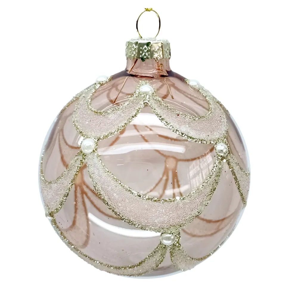 ORN GLASS BALL 3″ PINK- CLEAR W/ SCALLOP GLITTER PATTERN