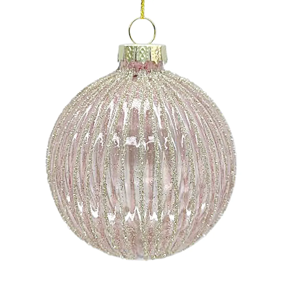 ORN GLASS BALL 3″ PINK CLEAR MELON W/ GOLD GLITTER