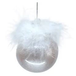 ORN GLASS BALL 3″ PINK FROSTED WITH FEATHERS