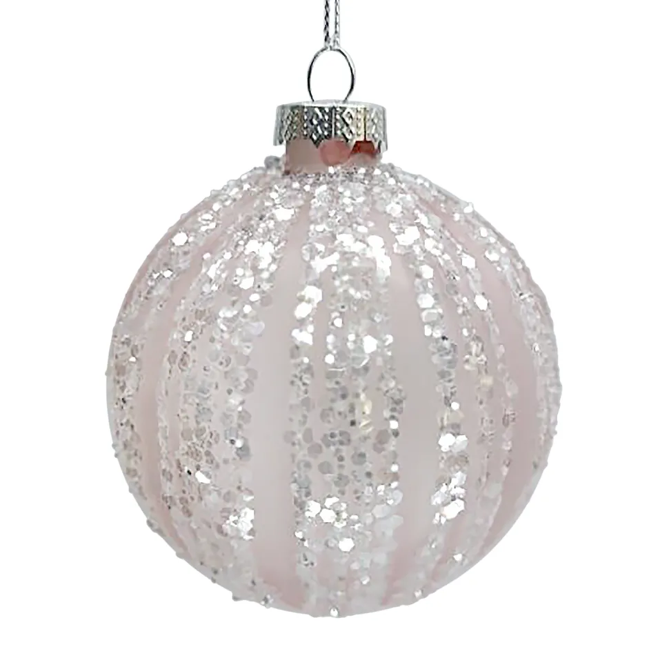 ORN GLASS BALL 3″ PINK FROST MELON W/ WHITE ICE GLITTER