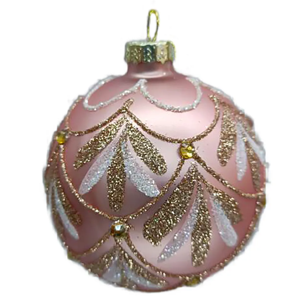 ORN GLASS BALL 3″ PINK MATT SCALLOP W/ GOLD/WHITE GLITTER