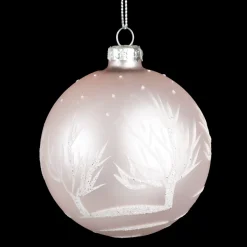 ORN GLASS BALL 3″ PINK- PEARL W/WHITE TREE DESIGN